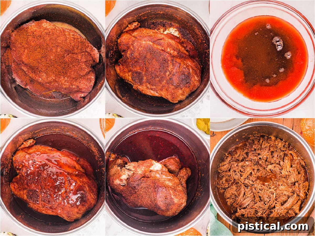 A six-image collage illustrating the step-by-step process of making pulled pork in an Instant Pot, from seasoning to shredding.