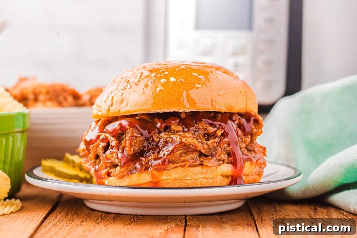 A perfectly prepared pulled pork sandwich, served on a plate with an Instant Pot visible in the background, signaling ease and deliciousness.