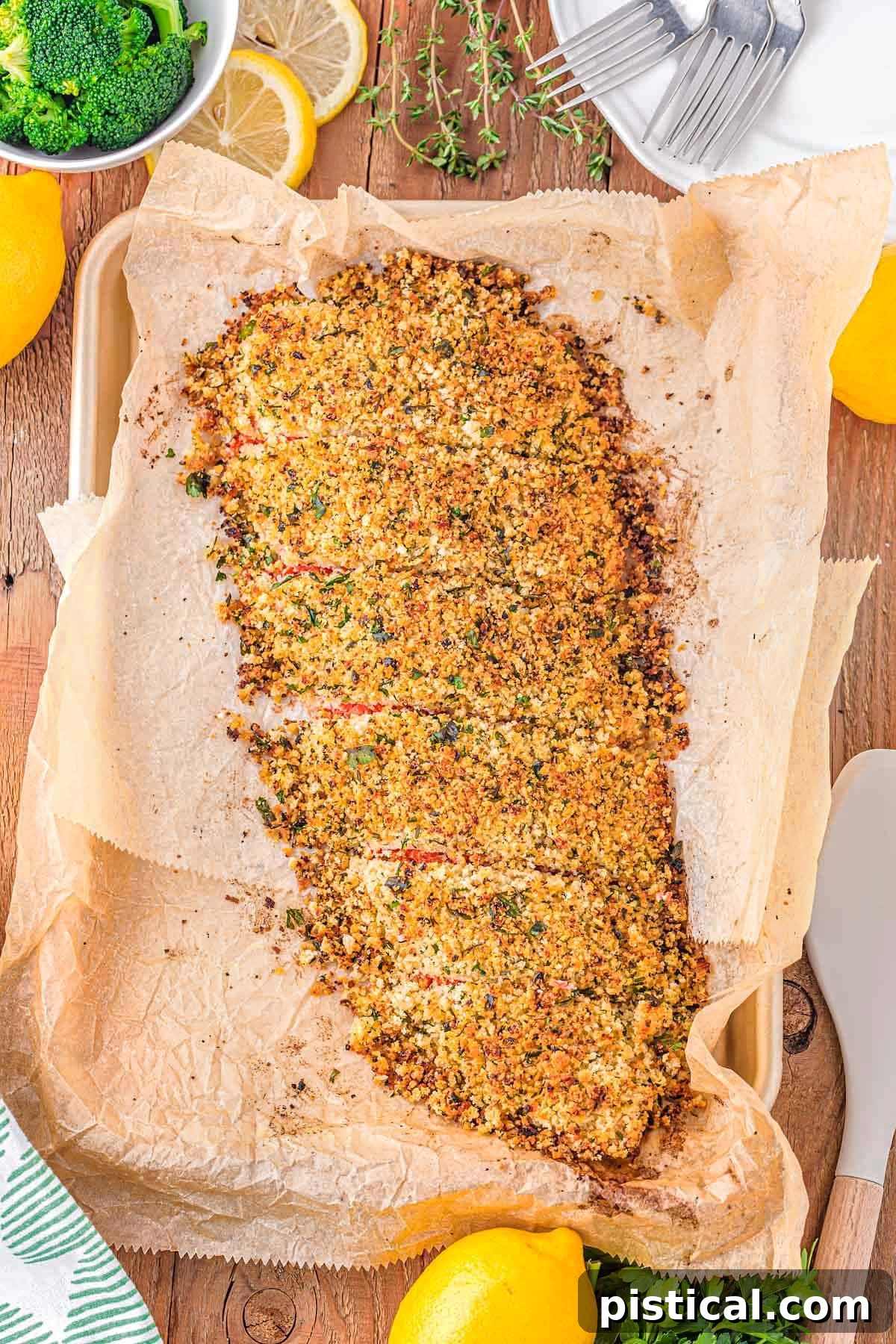 Crispy Parmesan Herb Salmon Bake 3 Top-down view of a single baked salmon fillet on parchment paper, showcasing its crispy Parmesan and herb crust. The fillet sits on a baking sheet, ready to be served.