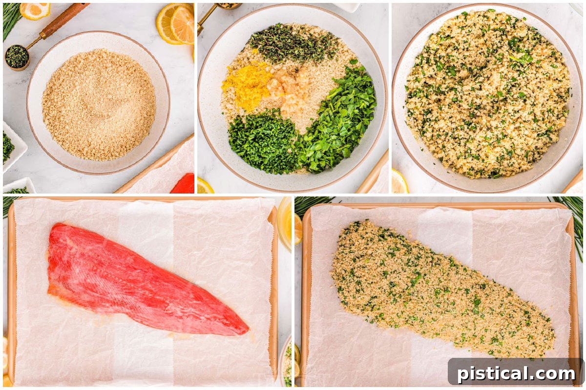 Crispy Parmesan Herb Salmon Bake 5 A five-image collage illustrating the step-by-step process of baking salmon with a crispy Panko and herb crust, from preparation to finished dish.