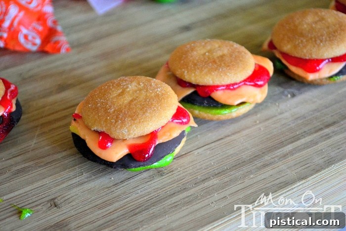 A fully assembled cookie cheeseburger slider looking realistic and delicious