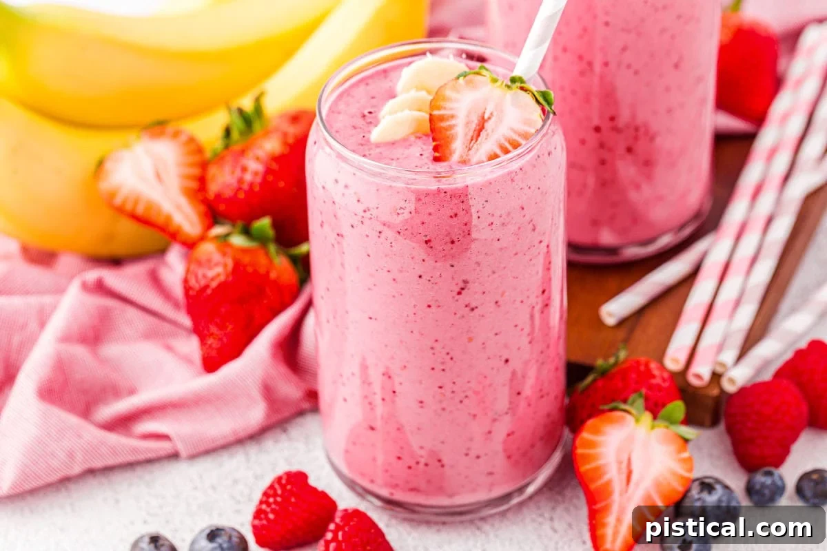 A beautifully presented banana strawberry smoothie in a glass, topped with fresh banana slices and half a strawberry. The glass sits on a pink linen, with additional fresh bananas and strawberries scattered around, emphasizing the fresh ingredients.