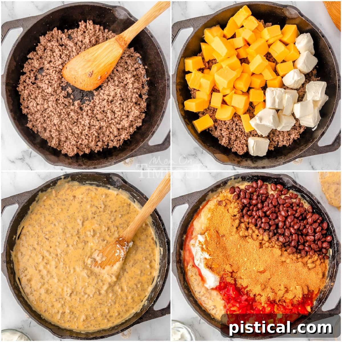 four image collage showing how to make rotel dip.