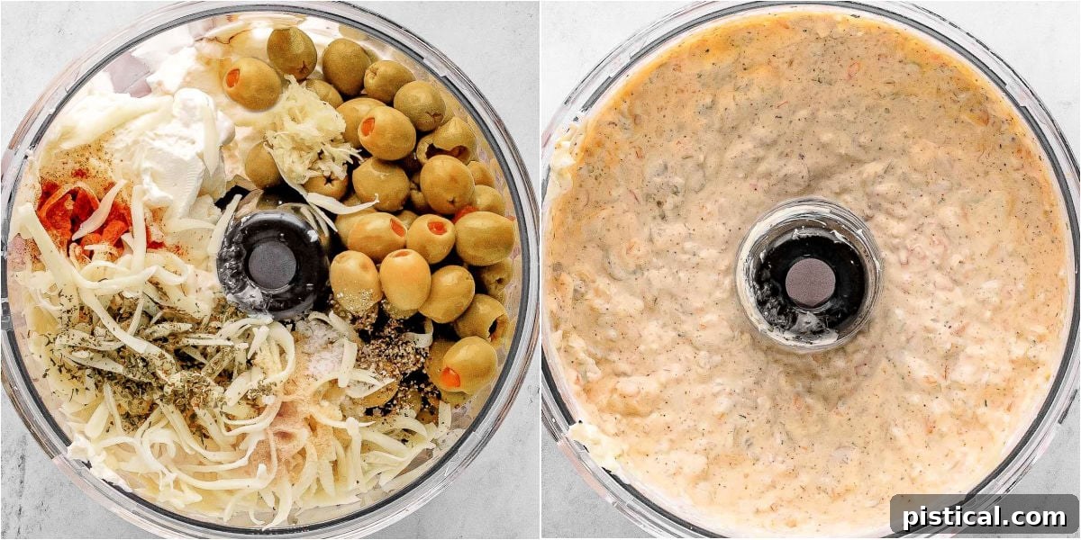 A two-image collage showing the process of making olive dip: raw ingredients in a food processor bowl on the left, and the smoothly blended olive dip on the right.