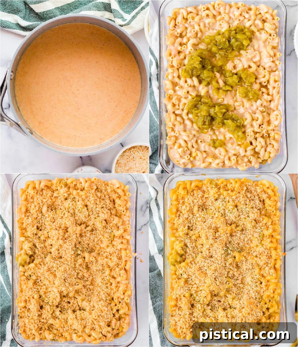 four image collage showing how to make green chile mac and cheese step by step.