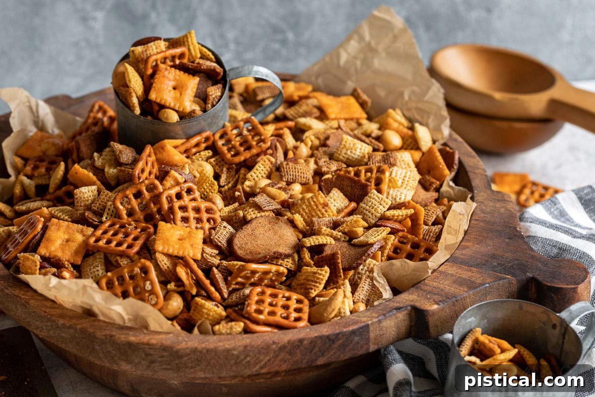 A rustic large wooden bowl filled to the brim with perfectly seasoned homemade Chex Mix. A sleek metal cup is partially submerged in the mix, poised to scoop out a delicious serving.