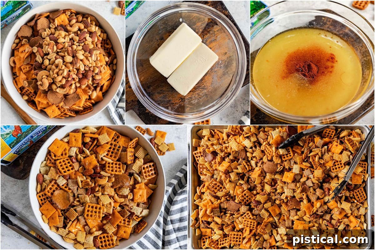A five-image collage illustrating the step-by-step process of making this homemade Chex Mix recipe, from combining dry ingredients to spreading on a baking sheet.