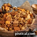 large wooden bowl filled with chex mix with a metal cup in the bowl scooping out the mix.