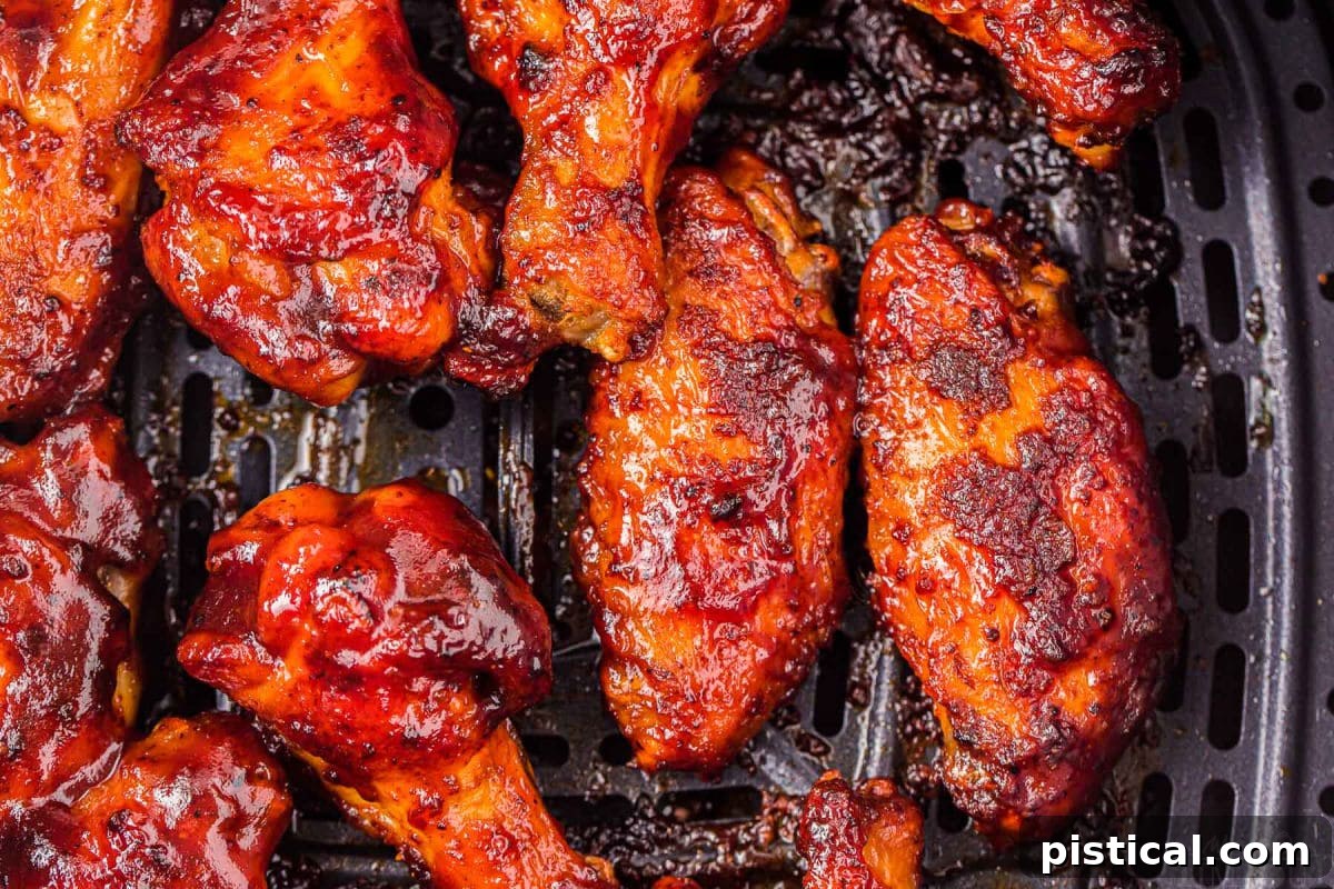 A close-up, top-down view of a batch of BBQ Air Fryer Chicken Wings cooking in an air fryer basket, with some wings already brushed with barbecue sauce, highlighting the cooking process.