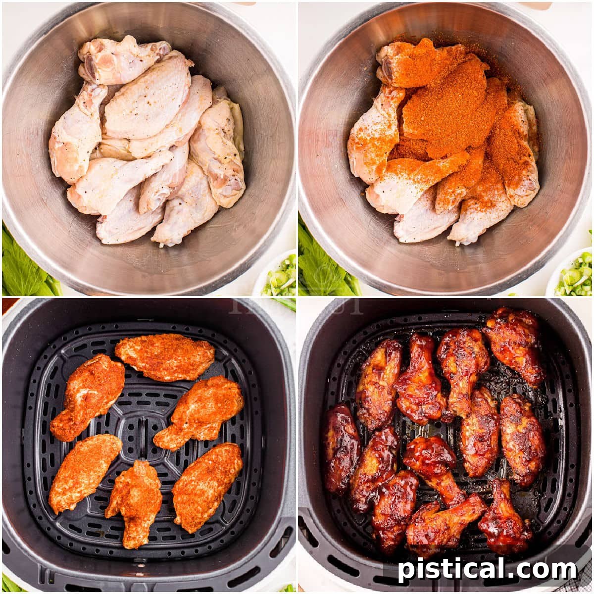 A four-image collage demonstrating the key steps of making chicken wings in an air fryer, from seasoning to cooking and saucing, for easy visual guidance.