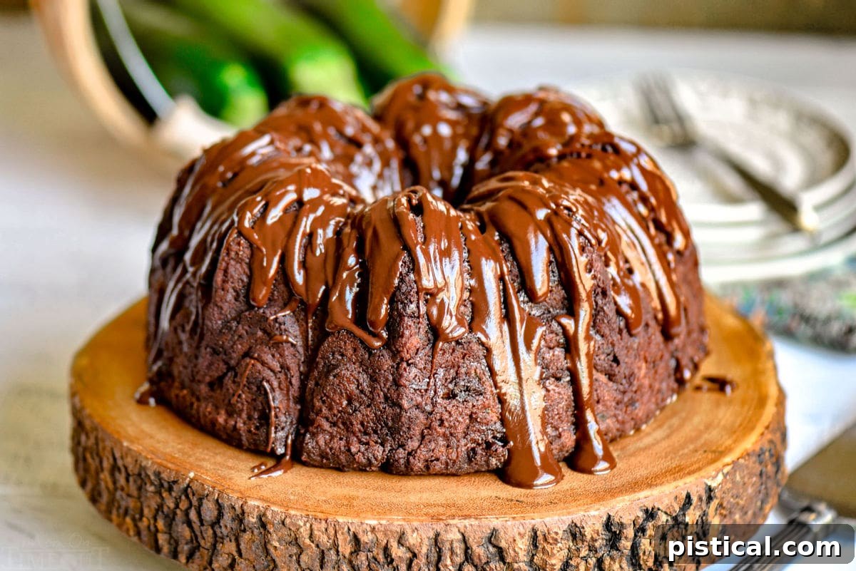 A beautifully baked chocolate zucchini bundt cake resting on a wooden cake stand, with fresh, green zucchinis artfully arranged in the background, subtly hinting at the cake's secret ingredient.