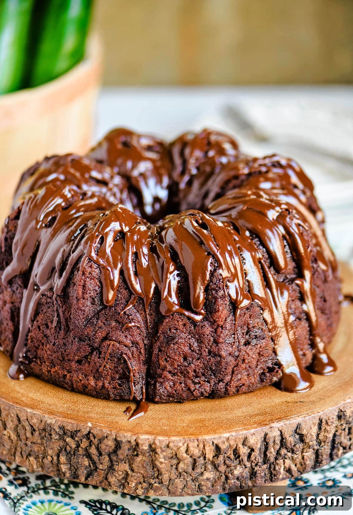 A close-up shot of a bundt cake adorned with a glistening, smooth chocolate glaze, highlighting its inviting and rich appearance.