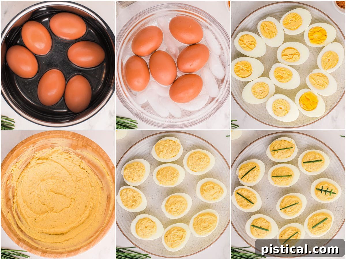 Touchdown Deviled Treats 4 A six-image collage providing a visual, step-by-step guide on how to prepare football deviled eggs, from peeling to final garnish.