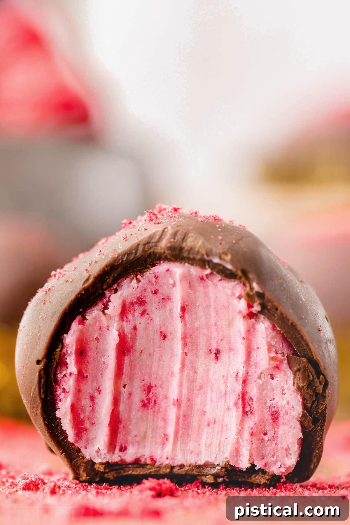close up look at a single raspberry truffle with a bite taken out of it so you can see the creamy raspberry interior.
