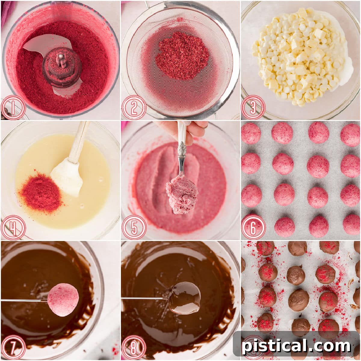 nine image collage showing how to make raspberry truffles step by step.