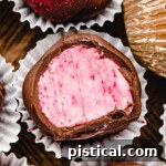 close up of a raspberry truffle covered in dark chocolate in small paper liners next to more truffles.