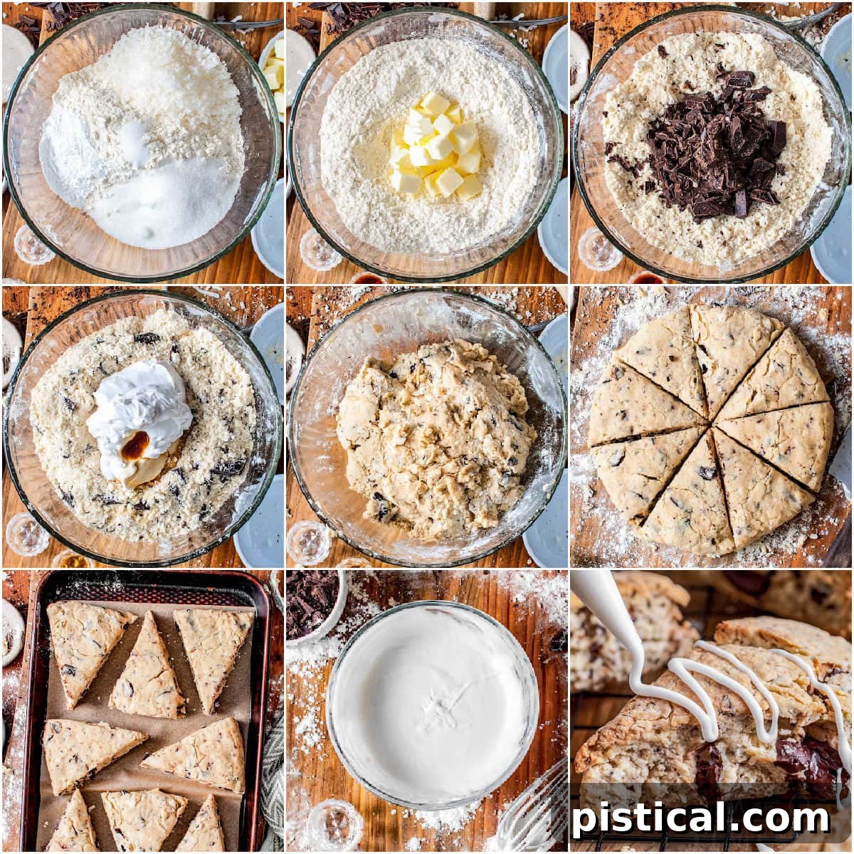 A nine-image collage showcasing the step-by-step process of preparing Chocolate Coconut Scones, from mixing ingredients to shaping and baking, culminating in beautifully golden treats.