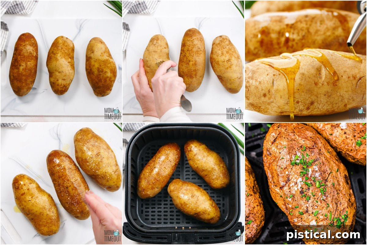Perfect Air Fryer Baked Potatoes 4 Six-image collage showing how to make baked potato in air fryer step by step, from prep to finished product.