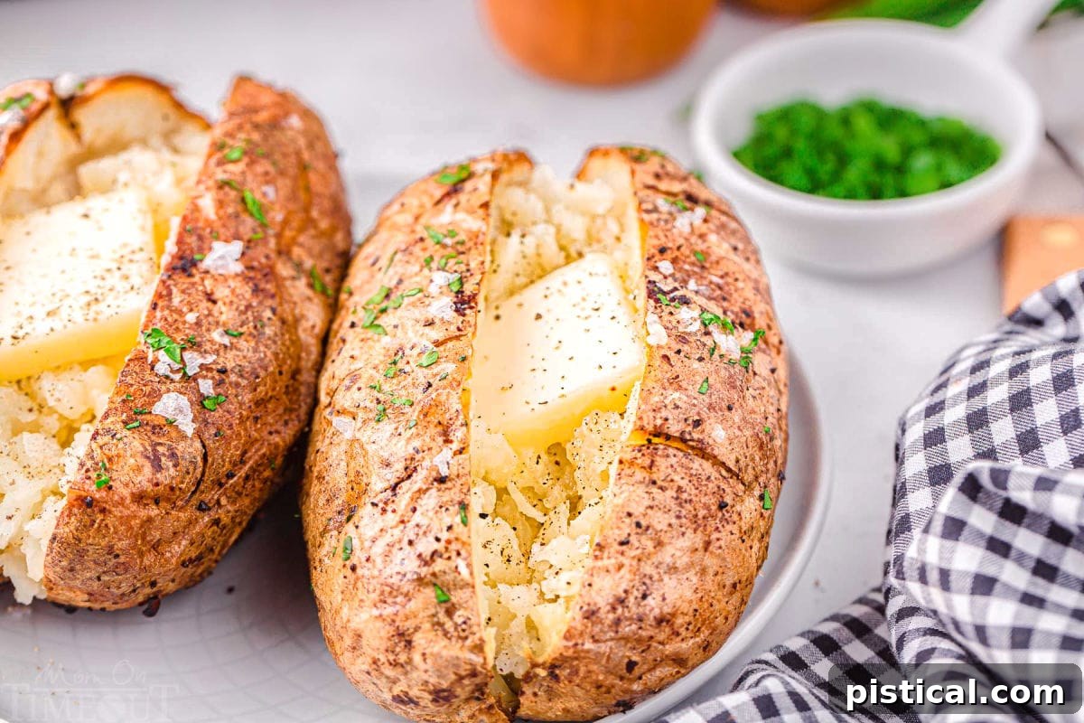 Perfect Air Fryer Baked Potatoes 5 Two air fryer baked potatoes on a white plate topped with butter, salt and pepper. Freshly chopped green chives are in a small white bowl in the background.