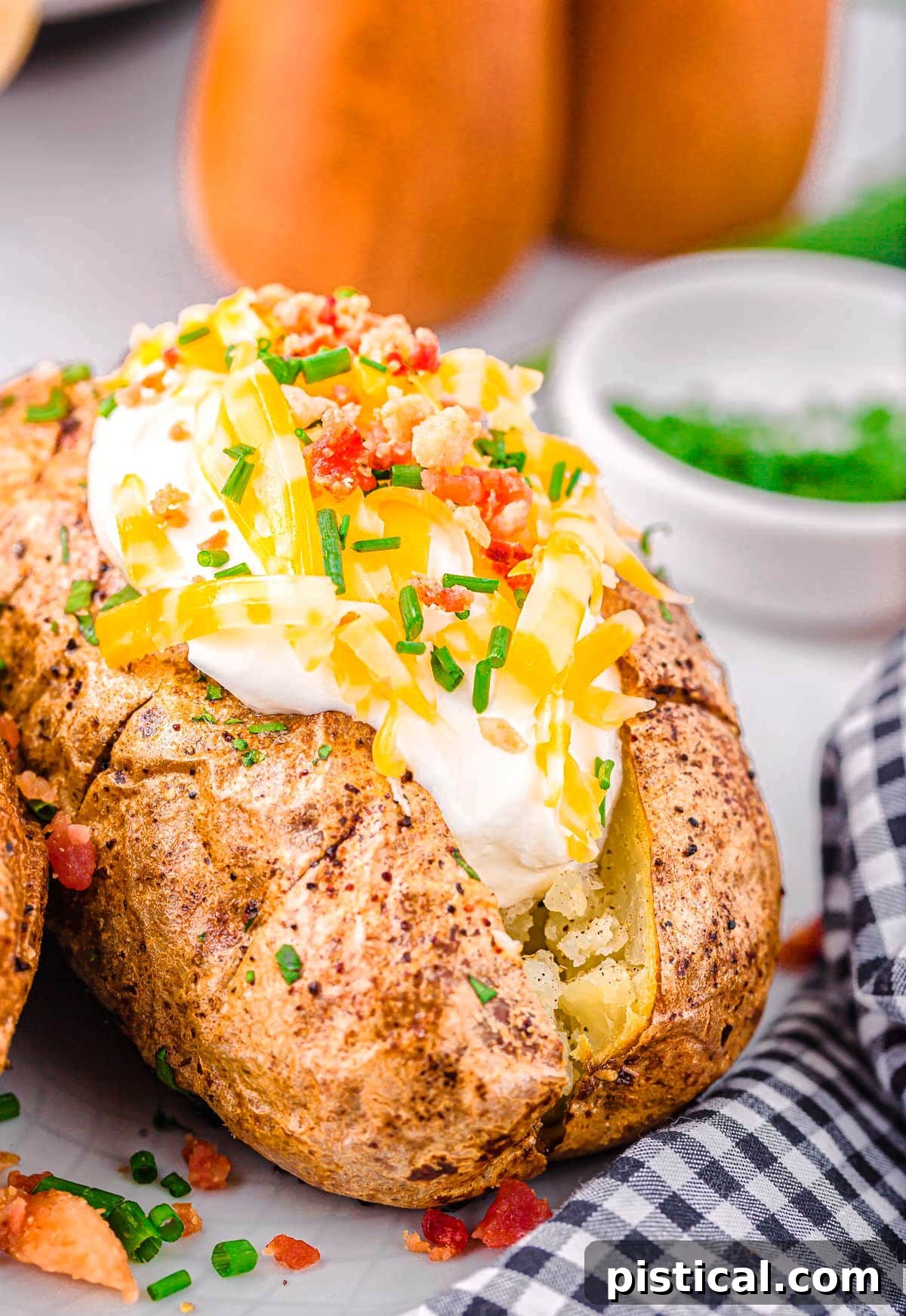 Perfect Air Fryer Baked Potatoes 6 Full loaded air fryer baked potato topped with sour cream, cheese, bacon and chives, a hearty and delicious meal.