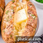 Air fryer baked potato on a white plate topped with butter, salt and pepper. Freshly chopped green chives are in a small white bowl in the background.
