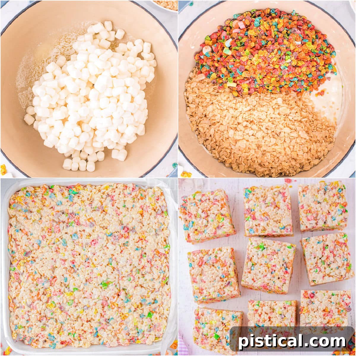 four image collage showing how to make rainbow rice krispie treats step by step.
