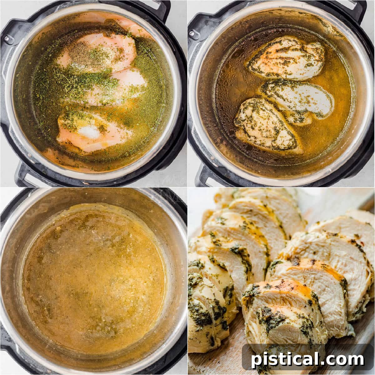 Easy Instant Pot Chicken Breast with Velvety Gravy 4 four image collage showing how to make chicken breasts in instant pot.