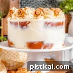 cake made with cinnamon rolls on a white cake stand and topped with cream cheese frosting and mini cinnamon rolls.