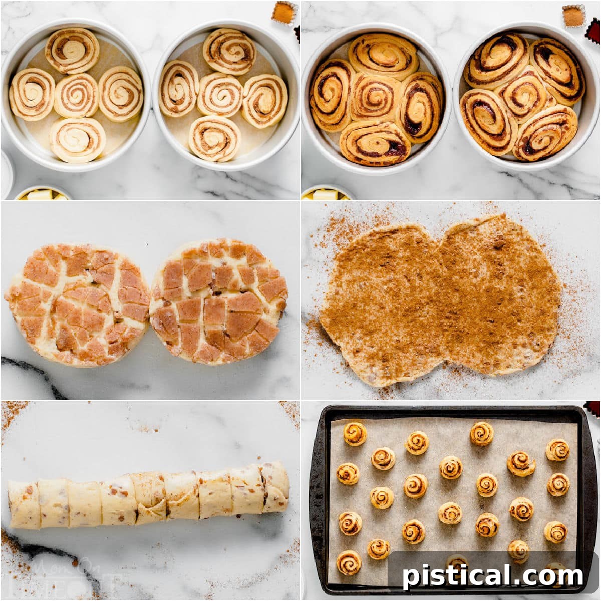 Decadent Cinnamon Swirl Layer Cake 7 A six-image collage illustrating the step-by-step process of preparing cinnamon rolls for the layer cake, from arranging them in pans to baking.