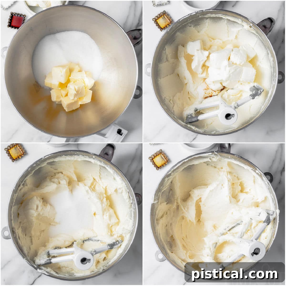 Decadent Cinnamon Swirl Layer Cake 8 A four-image collage demonstrating the step-by-step creation of cream cheese buttercream frosting, from mixing ingredients to achieving a smooth consistency.