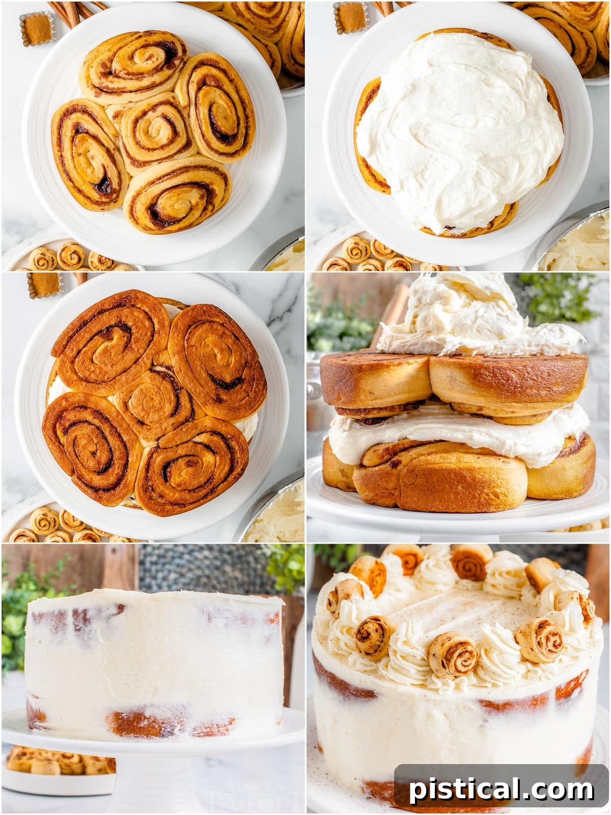 Decadent Cinnamon Swirl Layer Cake 9 A six-image collage visually guiding through the assembly process of the cinnamon roll layer cake, showing each step from layering to the final frosted and decorated cake.