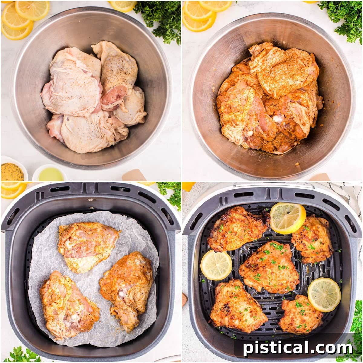 four image collage showing how to cook chicken thighs in air fryer step by step.