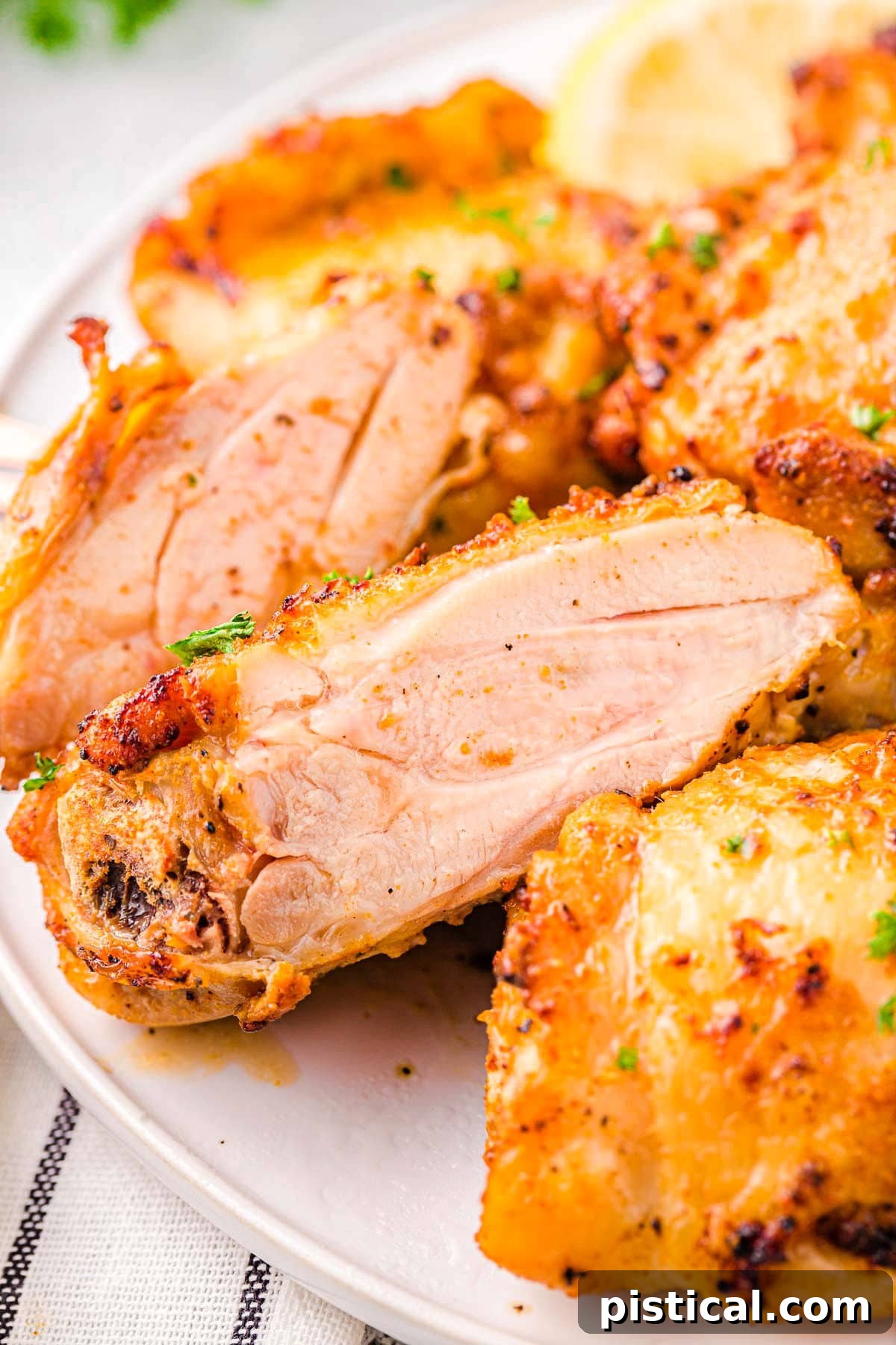 chicken thighs made in the air fryer on a white plate. One chicken thigh is cut in half so you can see the juicy meat.