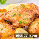 Four chicken thighs cooked in air fryer piled on a white plate and garnished with fresh parsley and lemon slices.