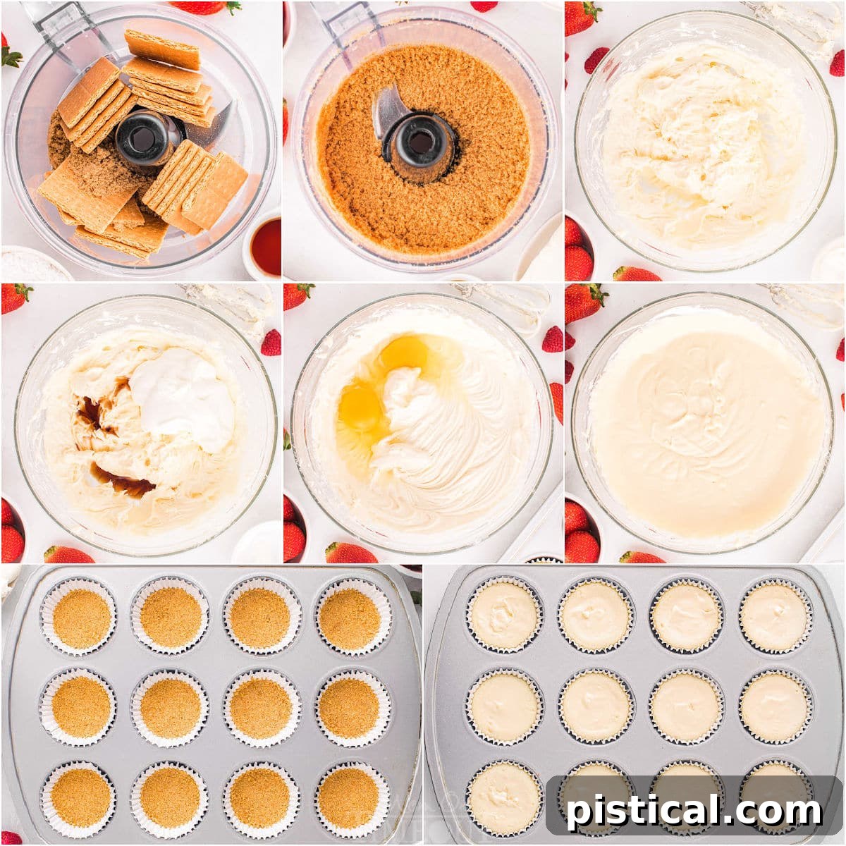 eight image collage showing how to make mini cheesecakes step by step.