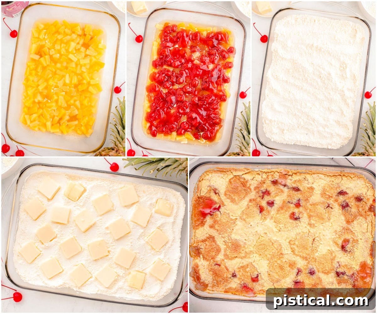 Tropical Cherry Pineapple Delight 4 A five-image collage demonstrating the step-by-step process of making a cherry pineapple dump cake.