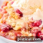 Tropical Cherry Pineapple Delight 8 A slice of cherry pineapple dump cake topped with melting vanilla ice cream, showing visible cherries and pineapple chunks.