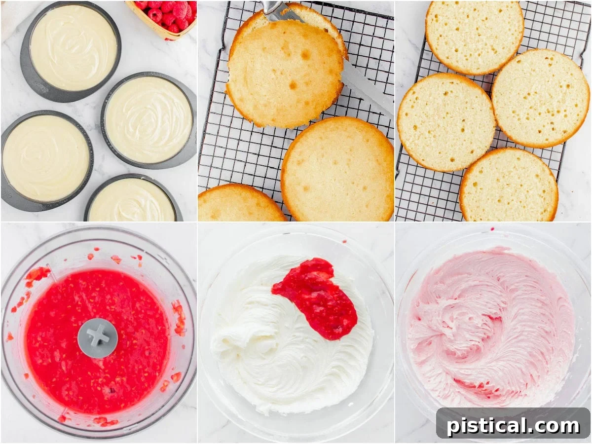 A six-image collage illustrating the step-by-step process of making this Raspberry Vanilla Cake, including how to prepare the vibrant raspberry buttercream.