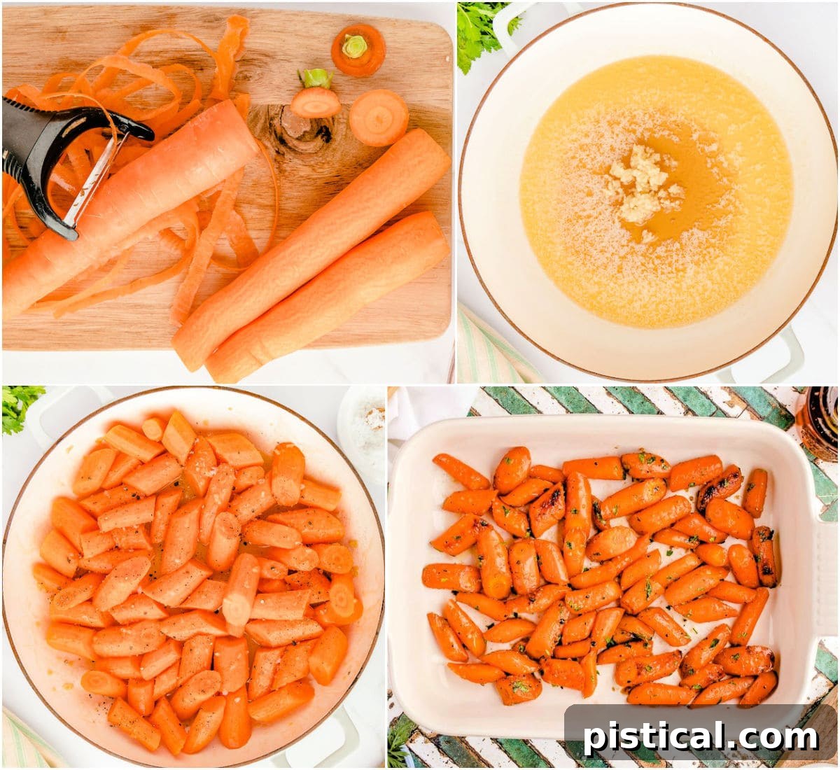 A four-image collage demonstrating the step-by-step process of making honey glazed carrots, from prep to roasting.