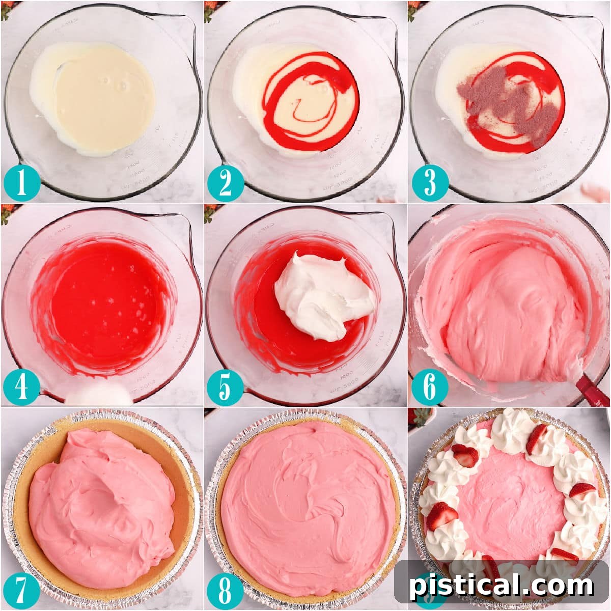 A nine-image collage demonstrating the step-by-step process of making a no-bake Kool Aid Pie, from mixing ingredients to the final chilled pie, offering a clear visual guide.