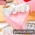 A beautiful piece of Kool Aid Pie topped with whipped cream, positioned invitingly above the rest of the pie, ready for a taste.