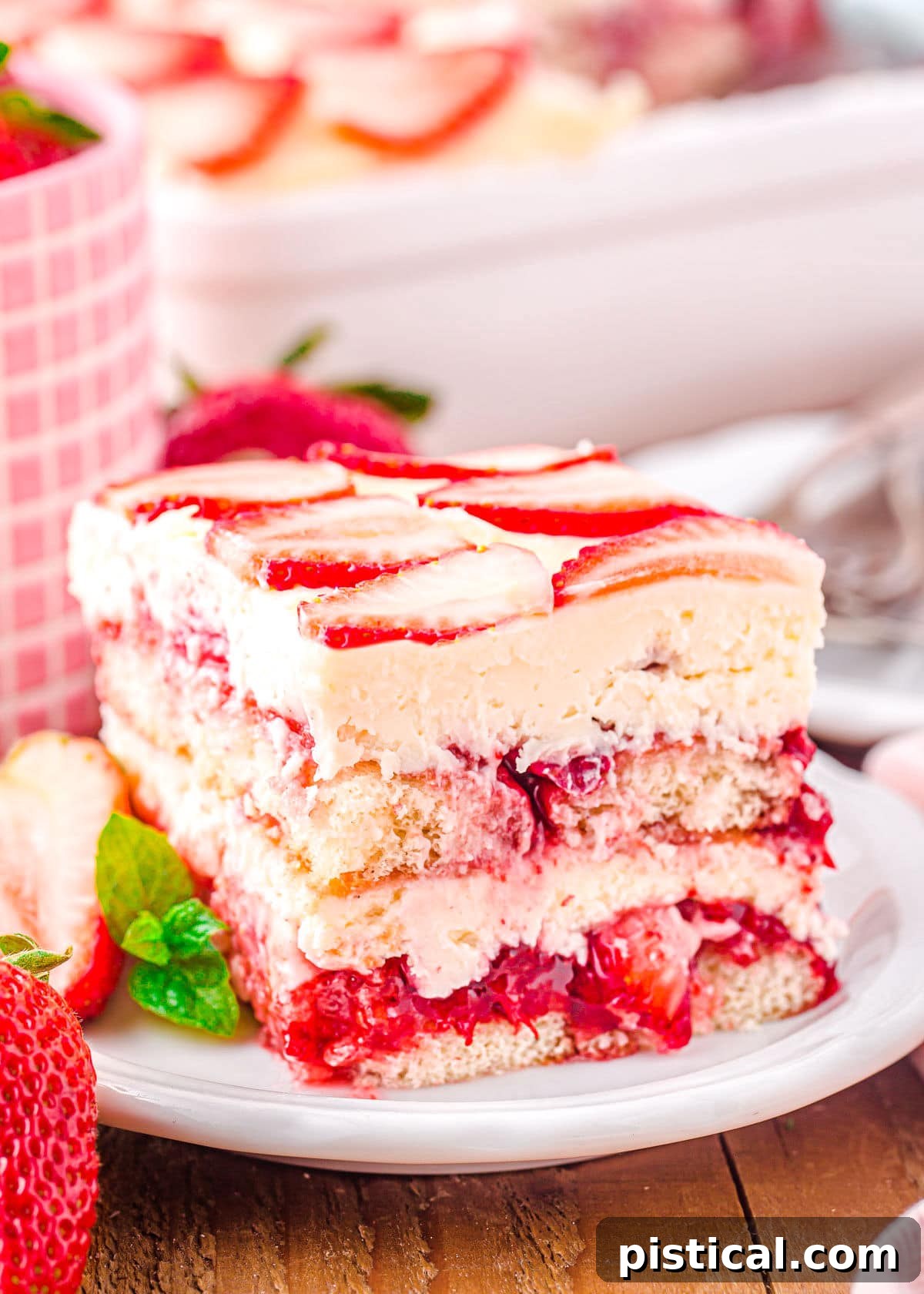 Strawberry Dream Tiramisu 2 A beautiful slice of Strawberry Tiramisu presented on a white plate, adorned with fresh strawberries, showcasing its intricate layers.