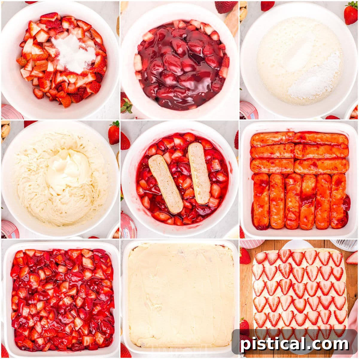 Strawberry Dream Tiramisu 5 A nine-image collage demonstrating the step-by-step process of making Strawberry Tiramisu, from ingredient prep to layering.