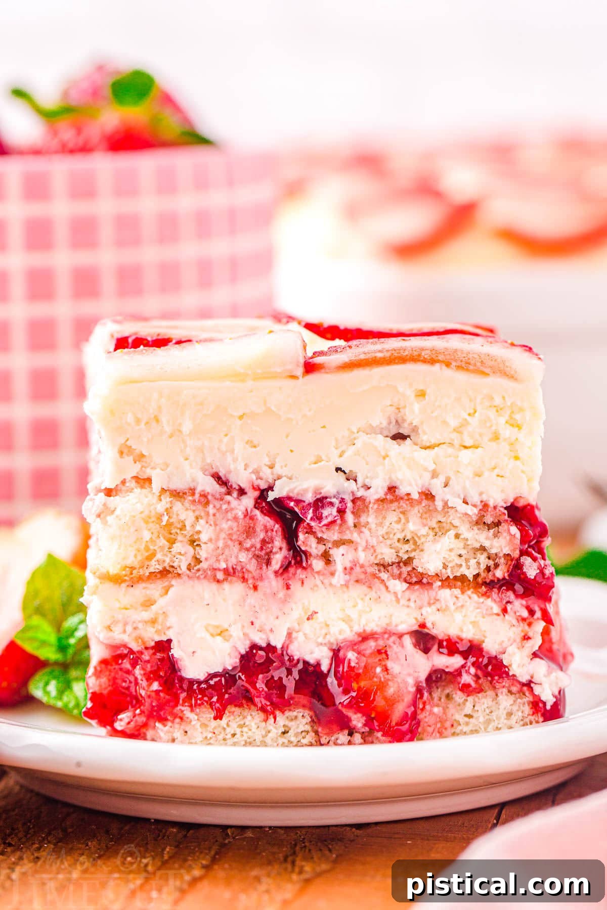 Strawberry Dream Tiramisu 7 A serving of layered Strawberry Tiramisu on a white plate, with the baking dish and a pink checked bowl visible in the soft background.