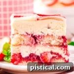 front look at layered strawberry tiramisu serving on a white plate. baking dish and pink checked bowl can be seen in the background.
