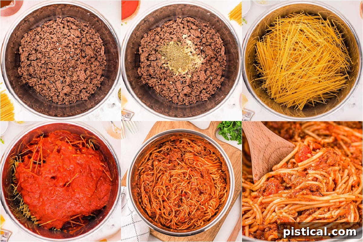 Effortless Instant Pot Spaghetti 5 six image collage showing how to make instant pot spaghetti step by step.