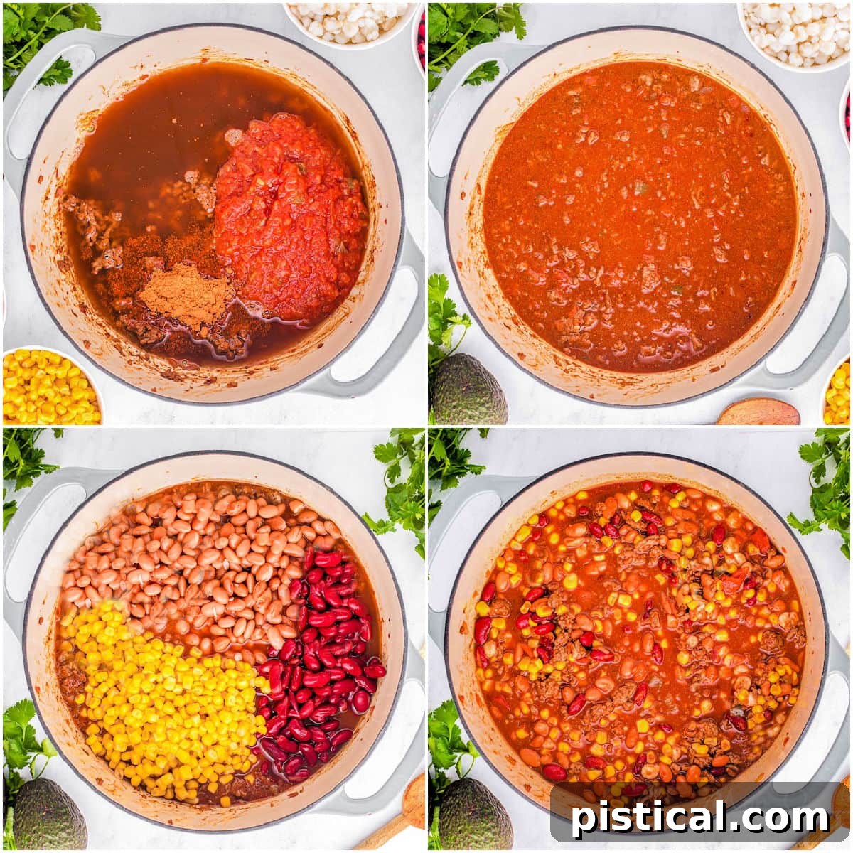 four image collage showing how to make taco soup recipe in a dutch oven.