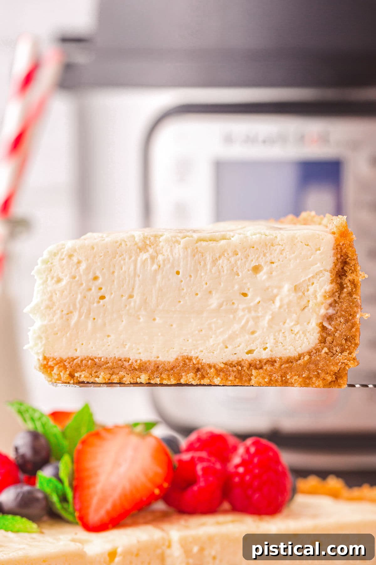 A glorious slice of Instant Pot cheesecake, rich and creamy, held above the full cheesecake with an Instant Pot in the background. Topped with fresh berries and a dollop of whipped cream, it exemplifies pure dessert indulgence.