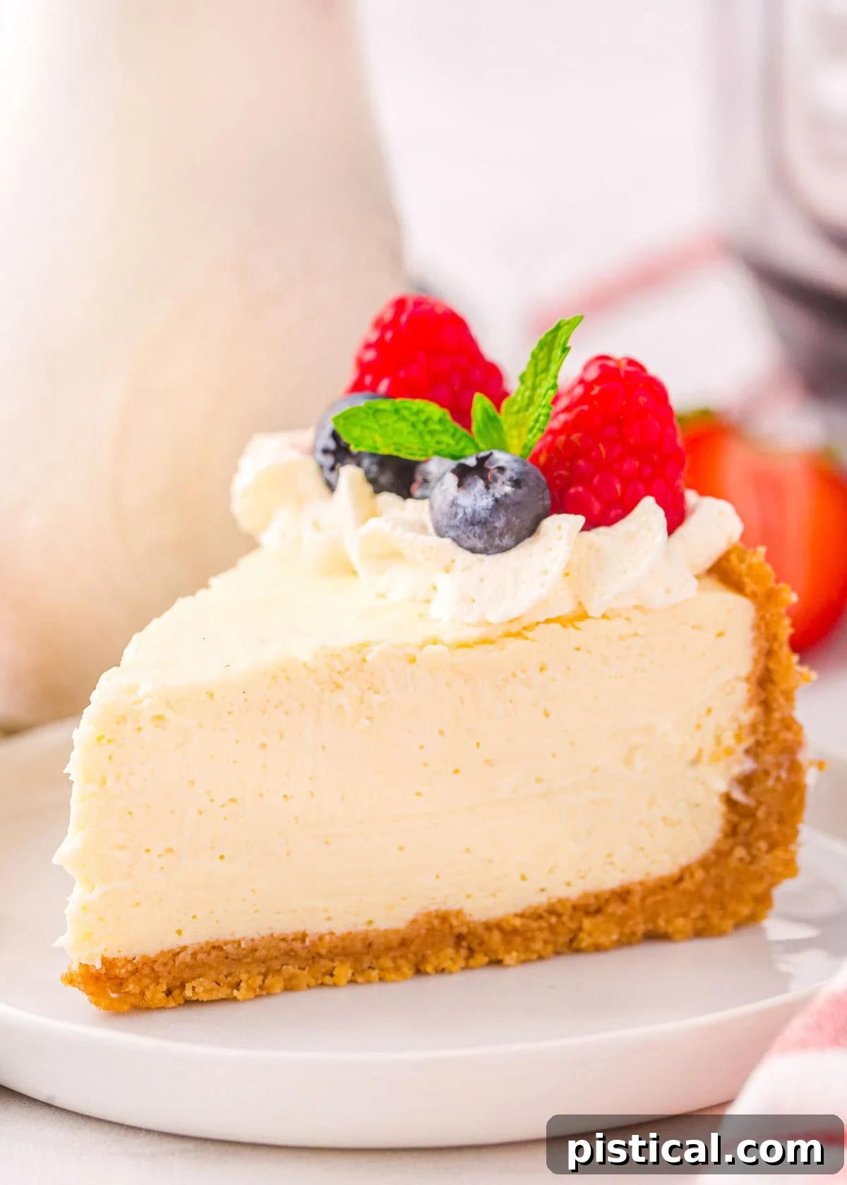 A decadent slice of Instant Pot cheesecake on a pristine white plate, generously adorned with fluffy whipped cream and a medley of colorful fresh berries, inviting a delightful indulgence.