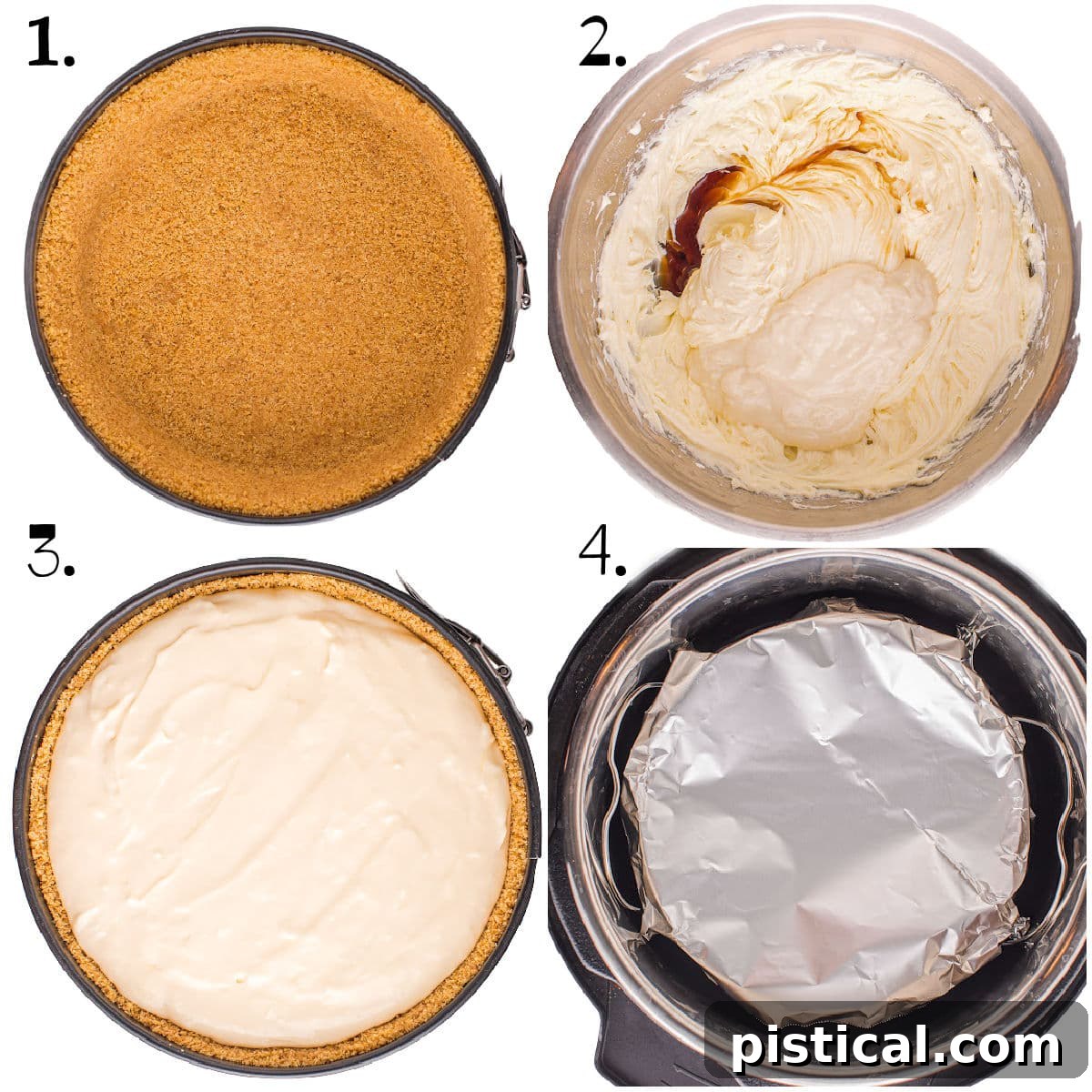 A four-image collage demonstrating the assembly and cooking process of an Instant Pot cheesecake, showcasing key steps from prep to finish.